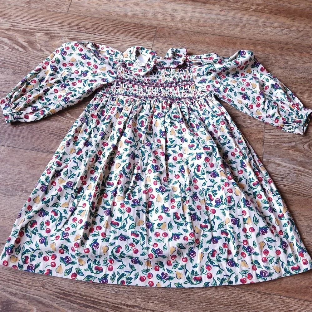 VTG OshKosh Collection Fruit Smocked Dress 5 Girls Corduroy Pears Cherries USA